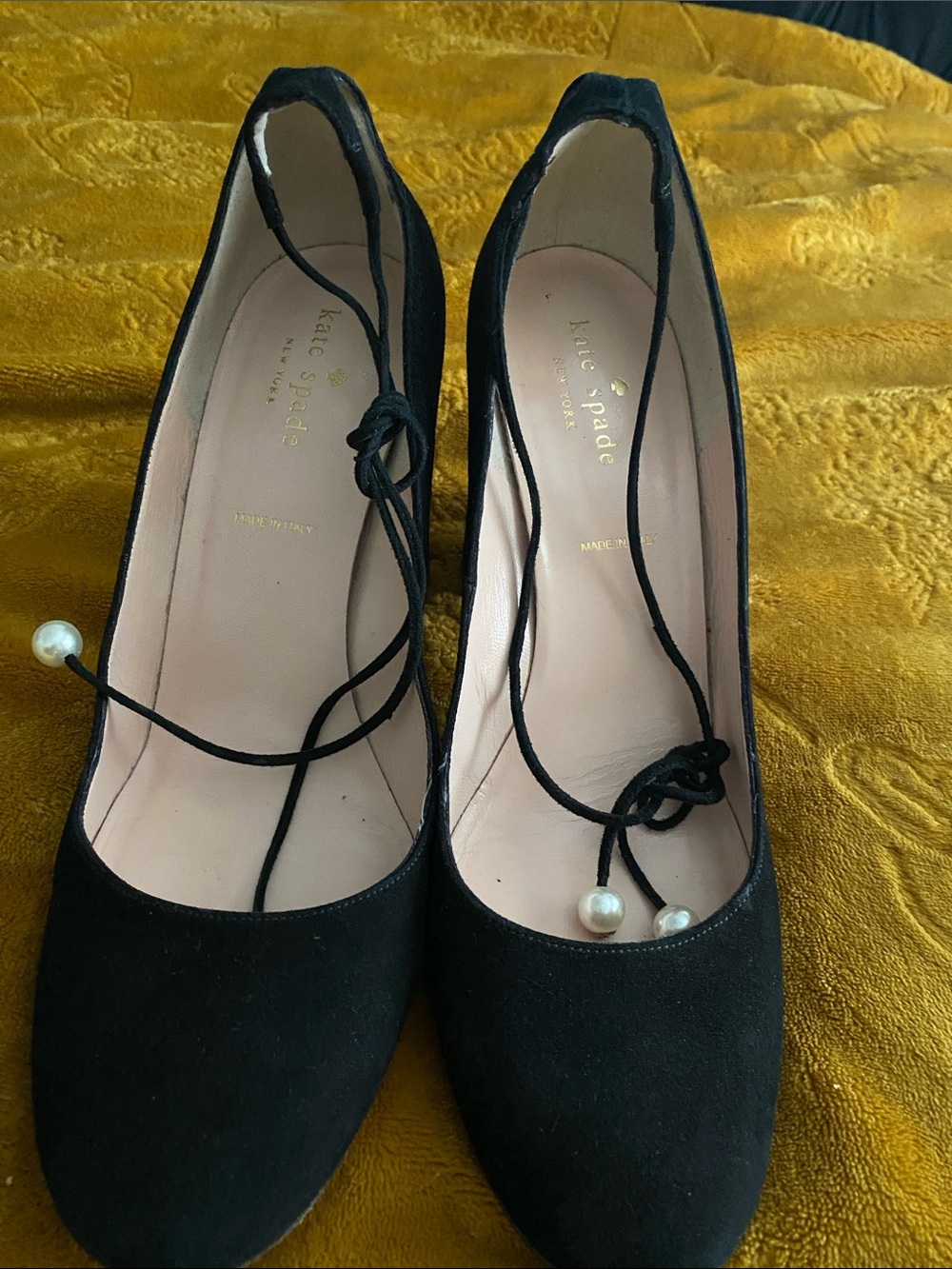 kate spade Black Suede Lace-Up w/ pearls Pointed Pumps